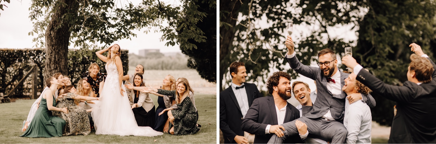 grappige groepsfoto's tijdens het huwelijksfeest in de kasteelhoeve te avelgem