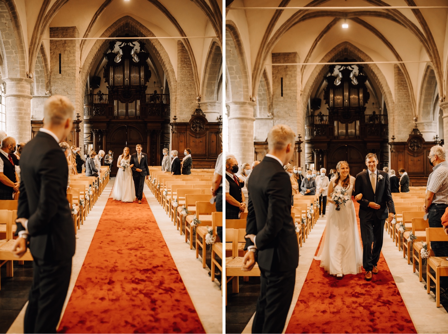 bruid wandelt met haar vader de kerk te belsele binnen