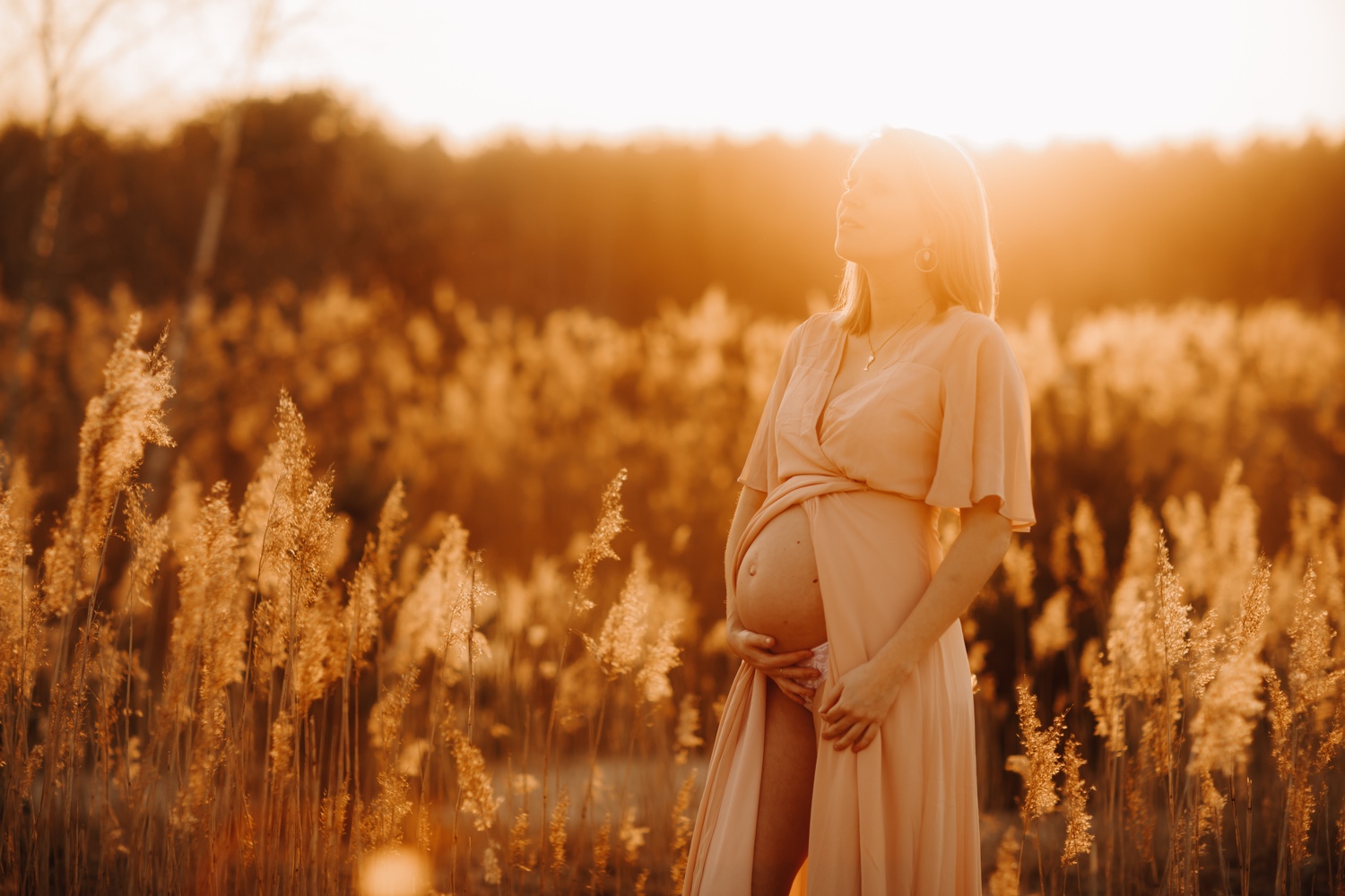 zwangerschapsshoot tijdens zonsondergang in de Lommelse sahara