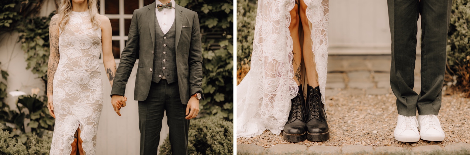 alternatief bruidspaar poseert tijdens fotoshoot op huwelijksdag