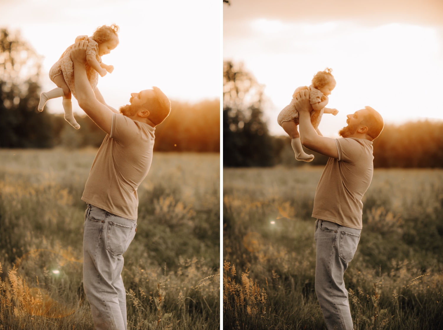 vader heft dochter in de lucht tijdens zonsondergang fotoshoot in Beverlo