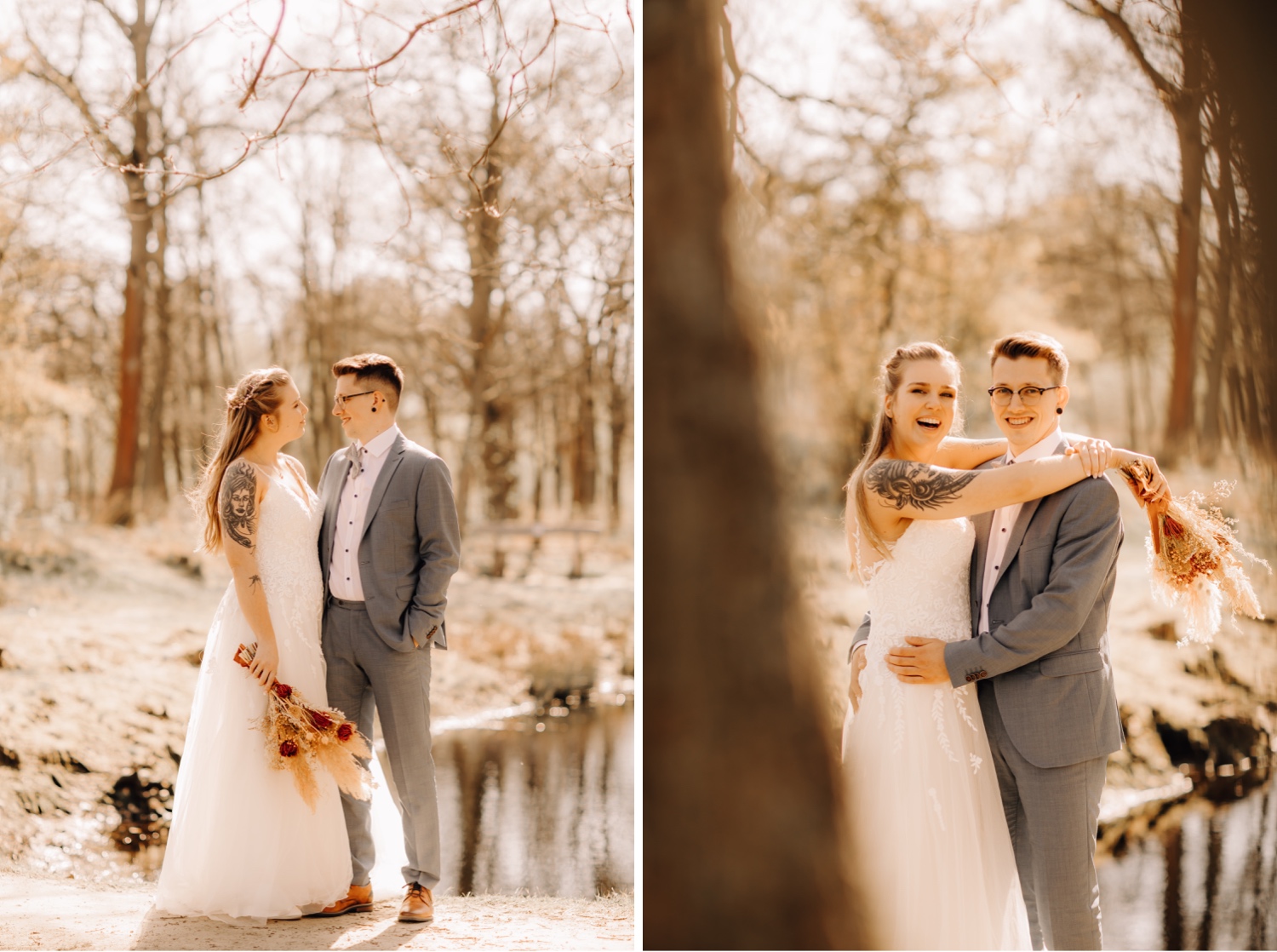 bruid en bruidegom poseren tijdens fotoshoot