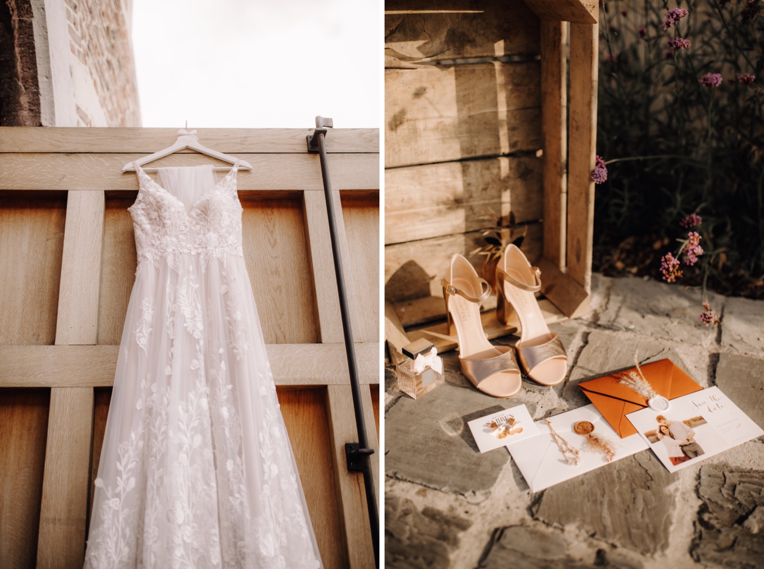 Huwelijksfotograaf Limburg - Details van het drukwerk en de bruidsjurk