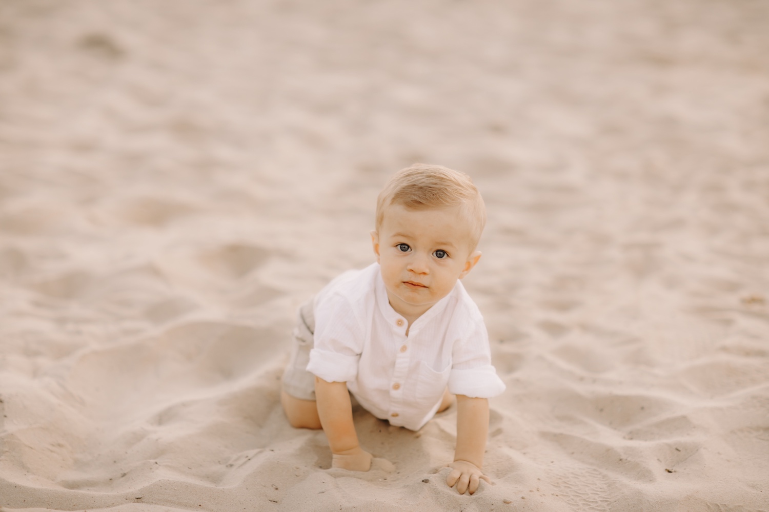 gezinsfotograaf - zoontje kruipt door het zand in de Lommelse sahara