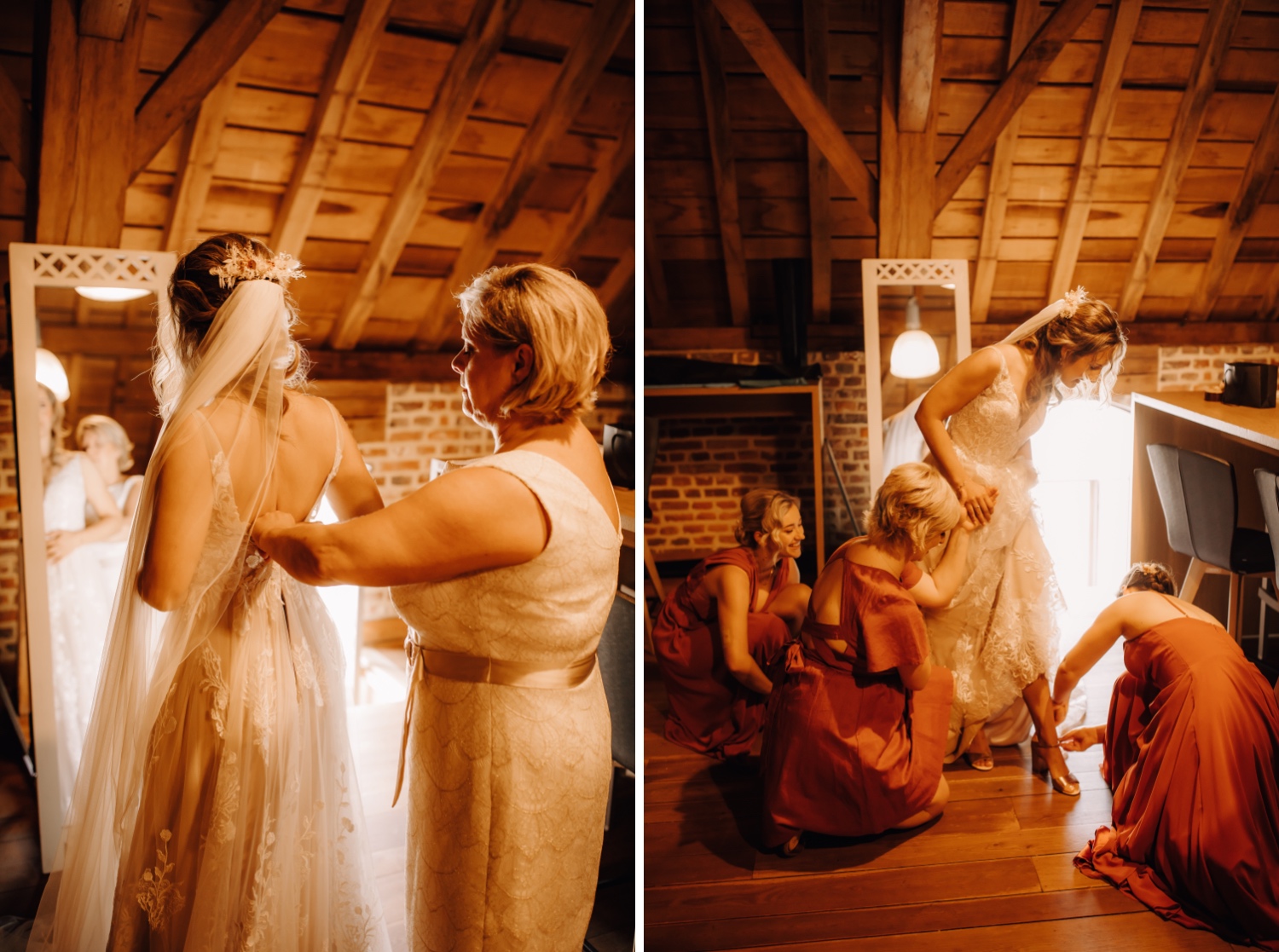 Huwelijksfotograaf Limburg - bruidsmeisjes helpen de bruid met aankleden