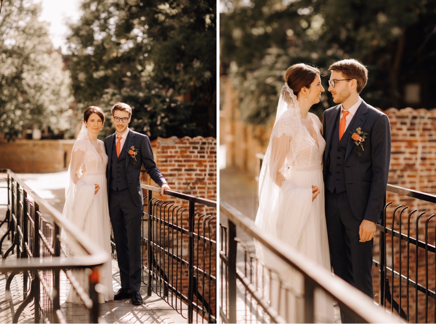 Huwelijksfotograaf Limburg - bruidspaar poseert tijdens fotoshoot in begijnhof te Leuven