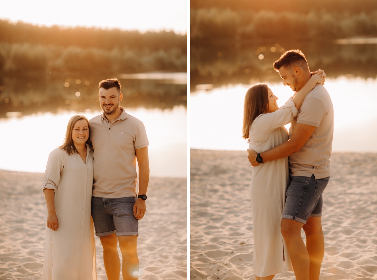 gezinsfotograaf - koppel kijkt elkaar in de ogen tijdens zonsondergang