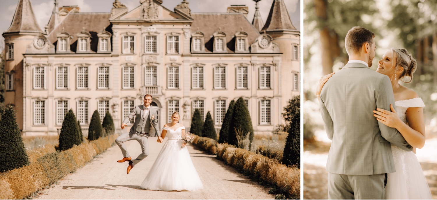 Huwelijksfotograaf Limburg - bruidspaar springt omhoog tijdens fotoshoot