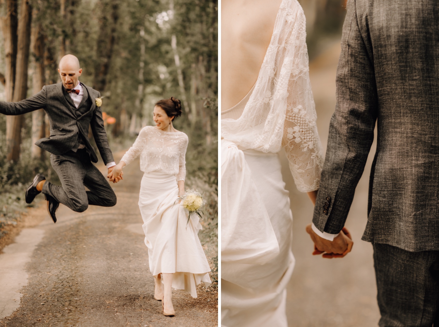 Huwelijksfotograaf Limburg - bruidegom springt enthousiast in de lucht