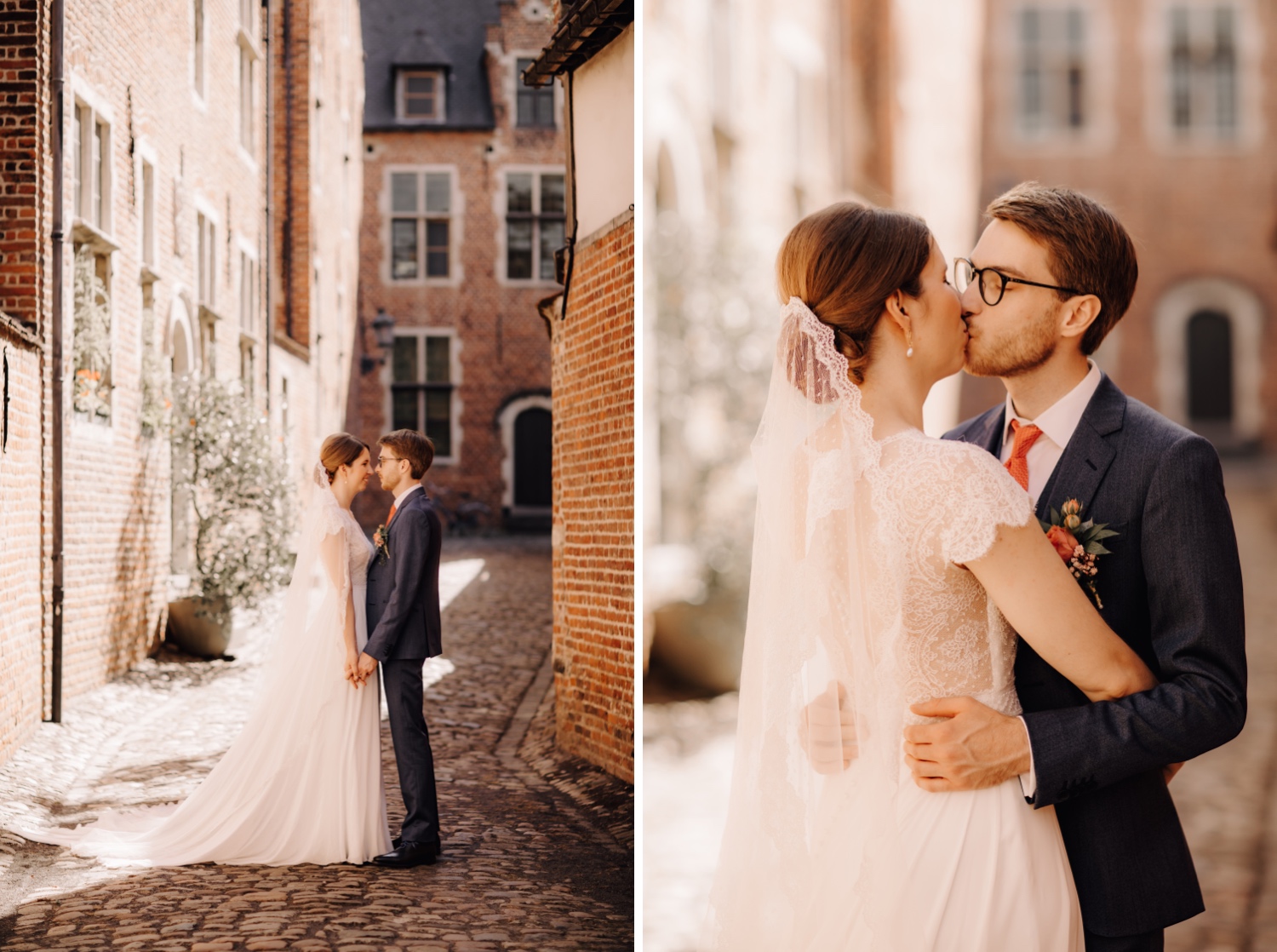 Huwelijksfotograaf Limburg - bruidspaar kust tijdens fotoshoot in begijnhof Leuven