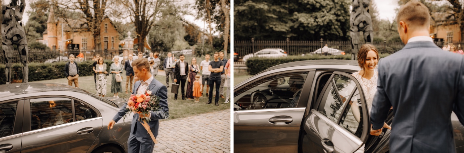 Huwelijksfotograaf limburg - bruidegom helpt zijn bruid uit de wagen