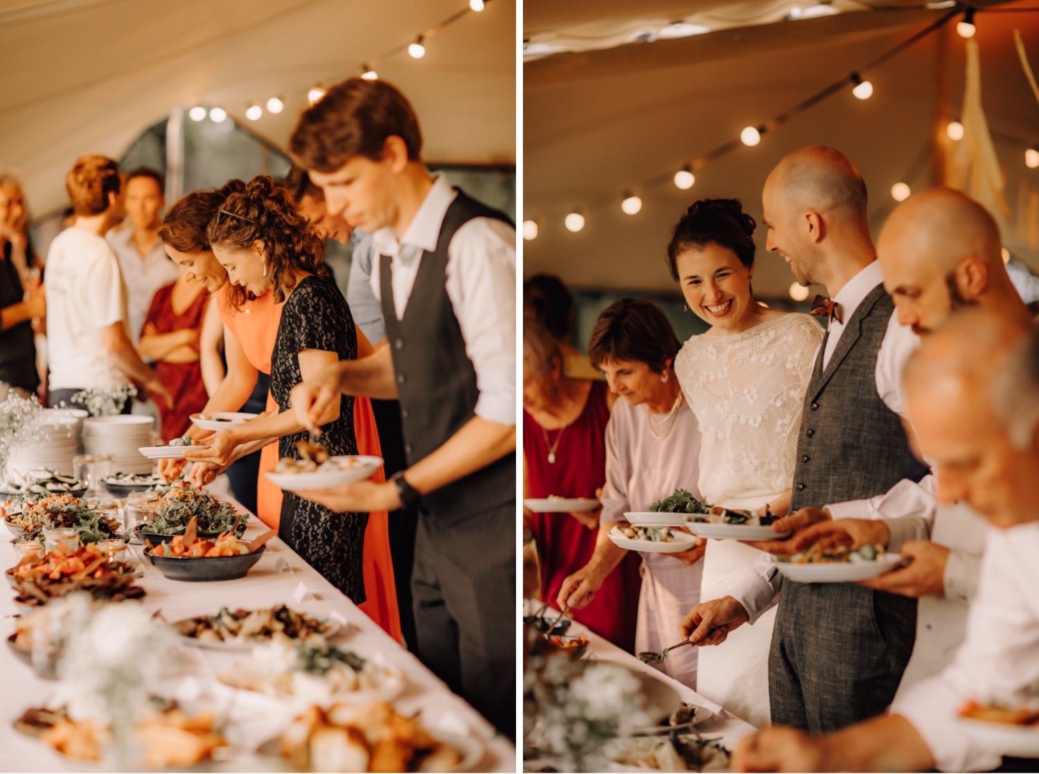 Huwelijksfotograaf Limburg - gasten schuiven aan het vegetarische buffet aan