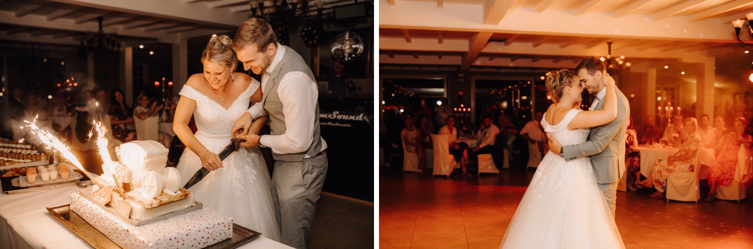 Huwelijksfotograaf Limburg - bruidspaar snijd de taart aan
