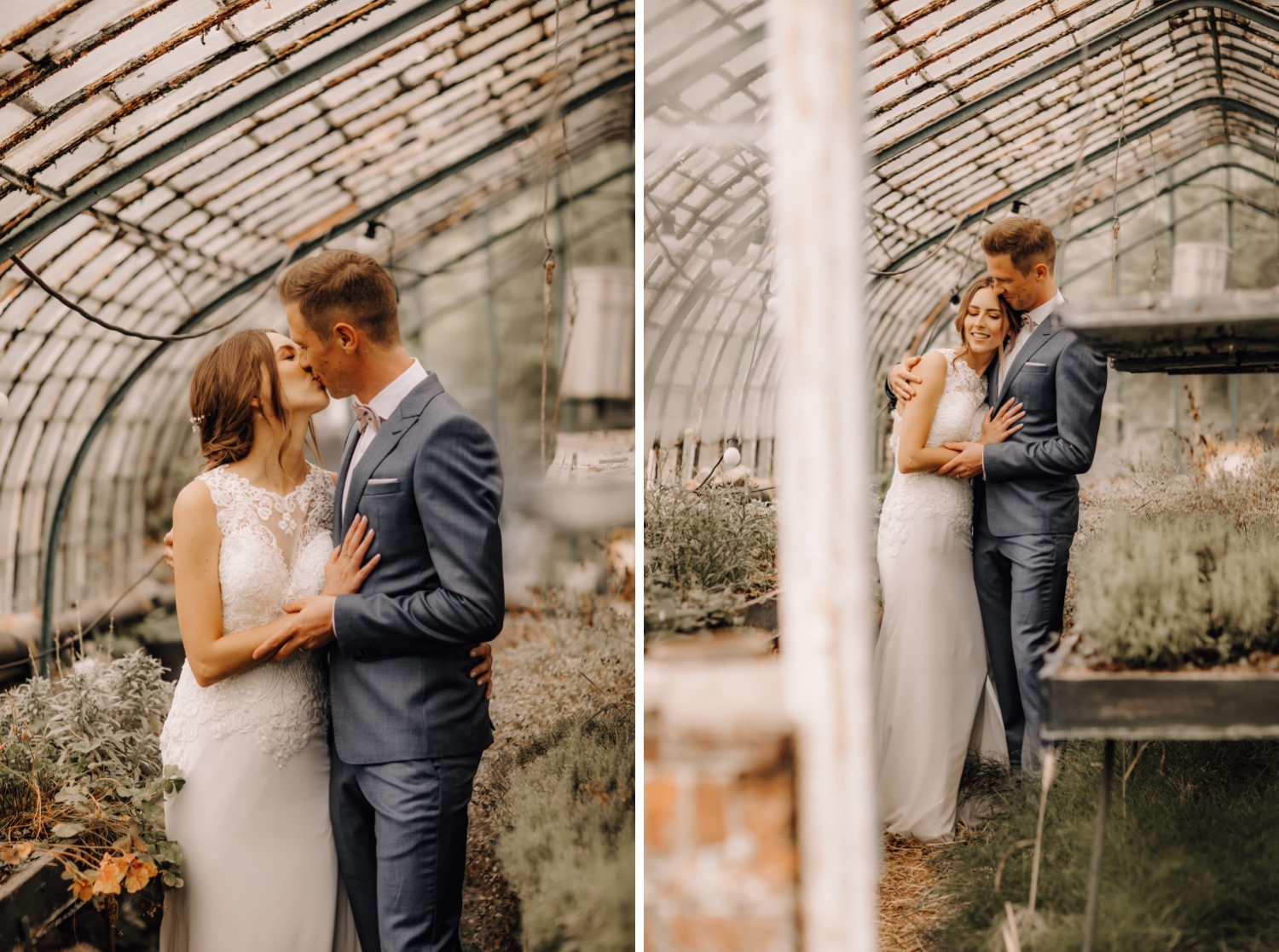 Huwelijksfotograaf limburg - bruidspaar poseert in serre