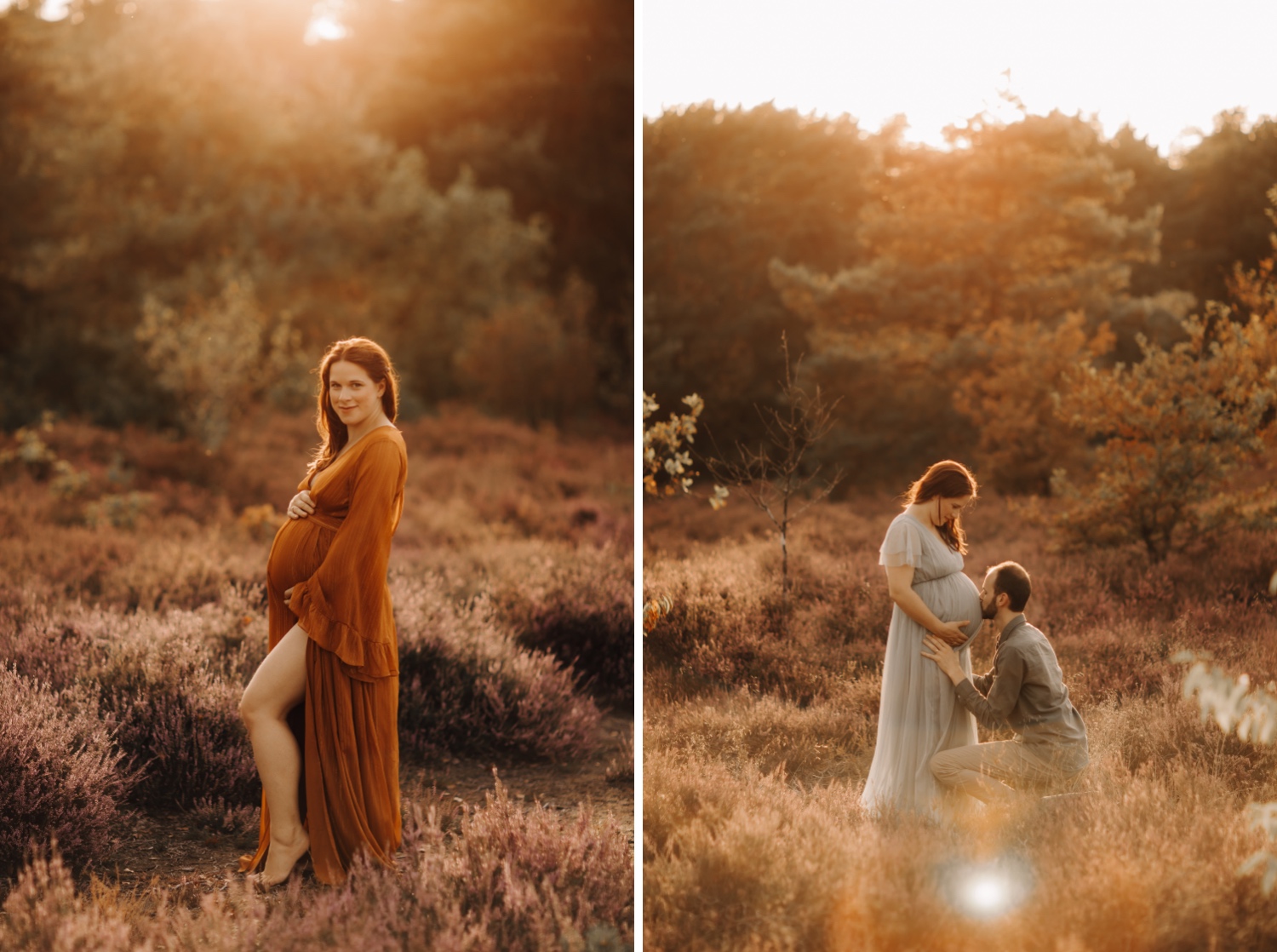 gezinsfotograaf Limburg - partner geeft een kus op de bolle buik tijdens zwangerschapsshoot in de heide