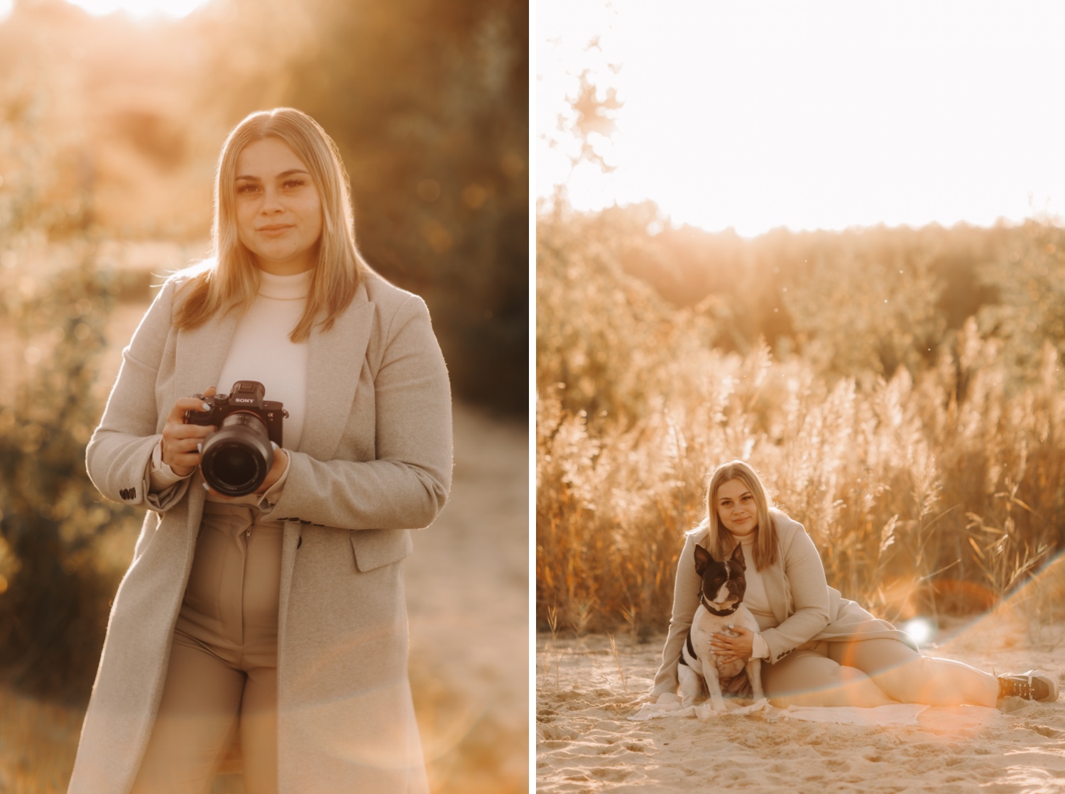 businessfotograaf limburg - Nederlandse fotografe poseert met haar camera in de Lommelse sahara