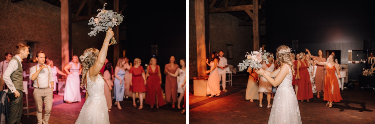 Huwelijksfotograaf Limburg - bruid gooit bruidsboeket weg
