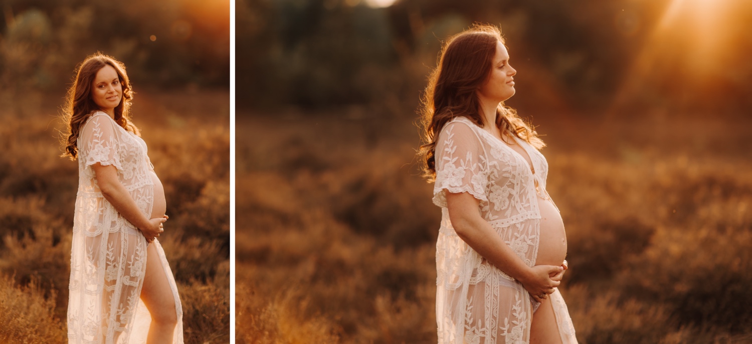 gezinsfotograaf Limburg - portret van zwangere vrouw tijdens zonsondergang in de Teut