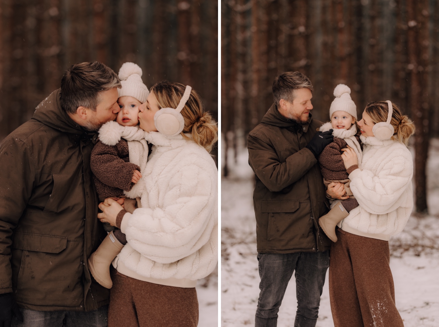 ouders geven hun dochtertje een kus in de sneeuw