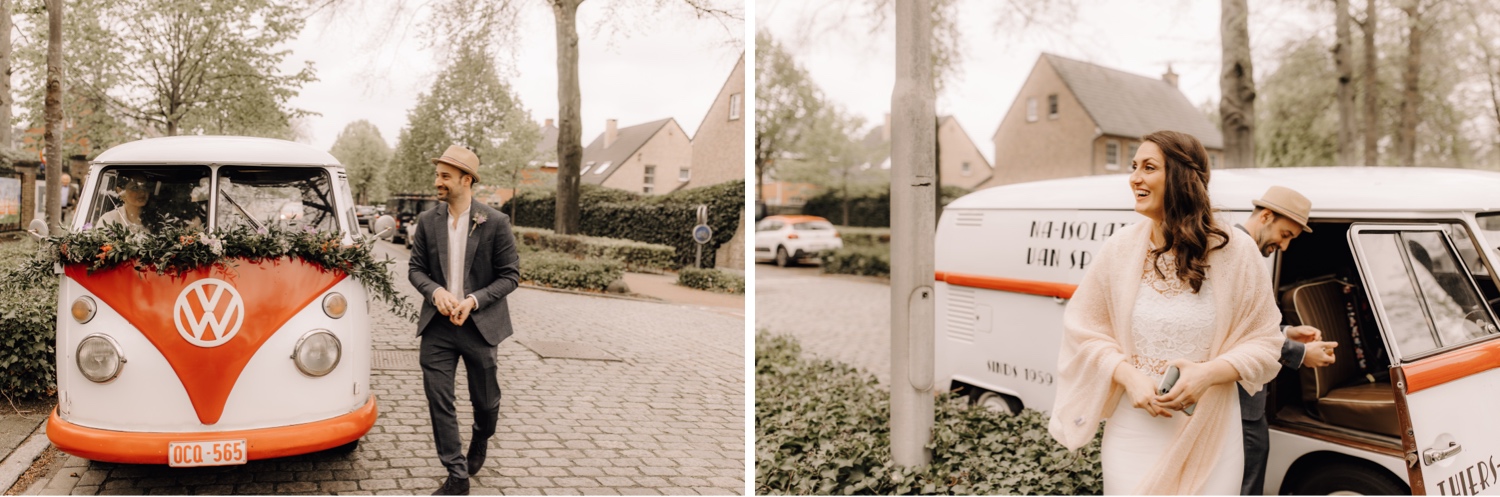 Huwelijksfotograaf Limburg - bruidspaar arriveert bij Antverpia in Brasschaat