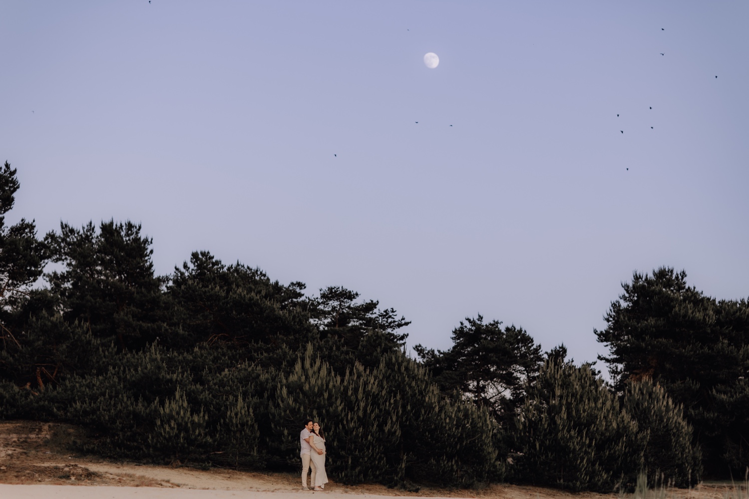 Zwanger koppel poseert in de Lommelse Sahara bij het maanlicht