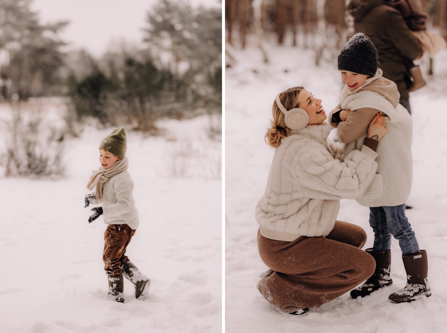 moeder knuffelt haar zoon in de sneeuw