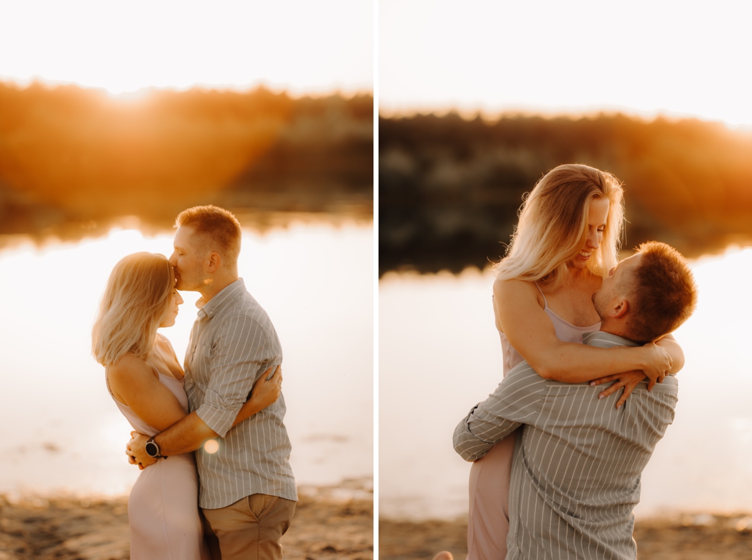 man kust zijn vriendin op het voorhoofd tijdens zonsondergang
