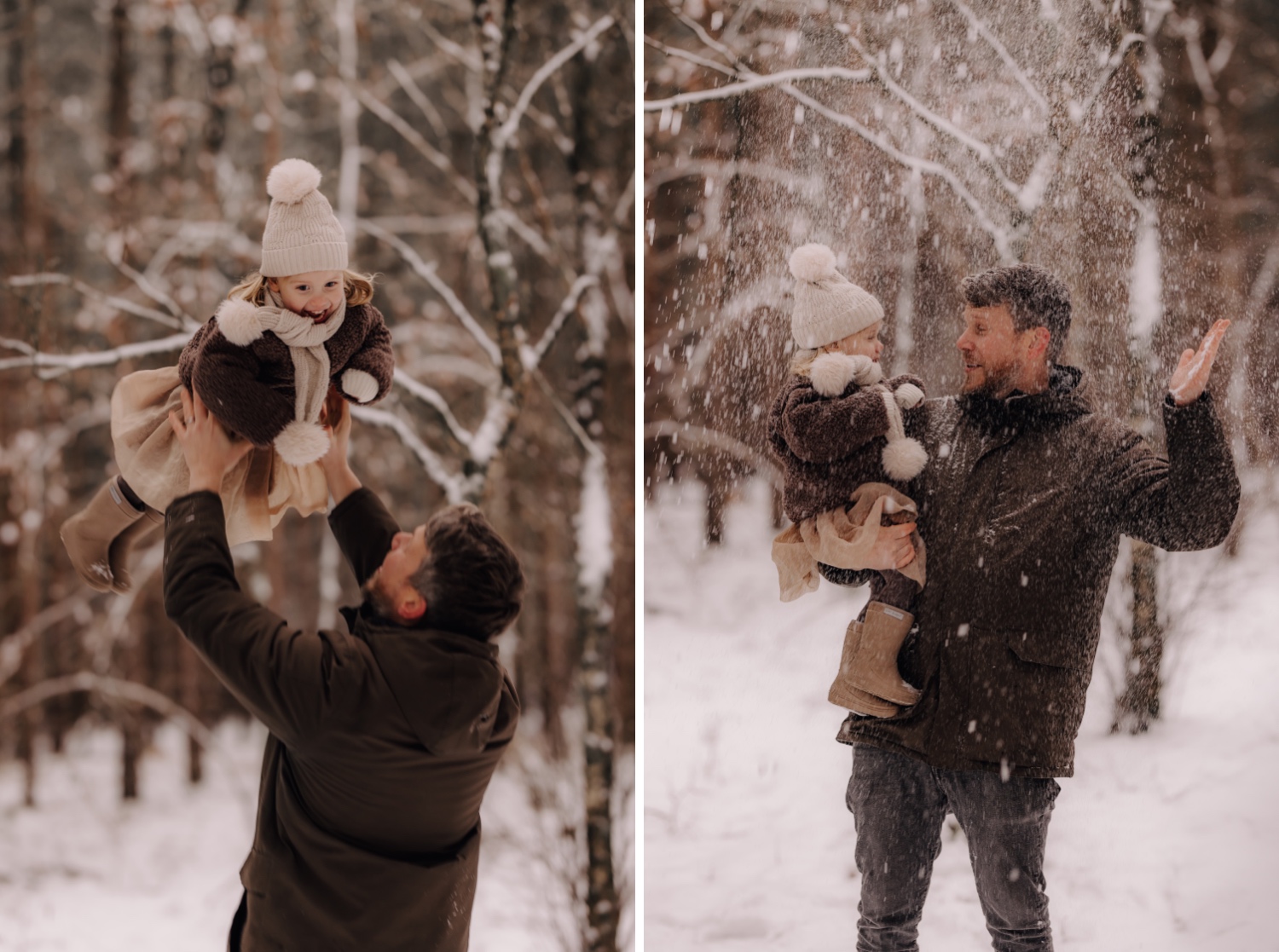 sneeuw valt op vader en dochtertje