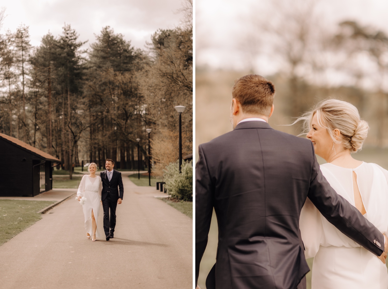 Huwelijksfotograaf Limburg - bruidspaar wandelt tijdens fotoshoot in Averbode