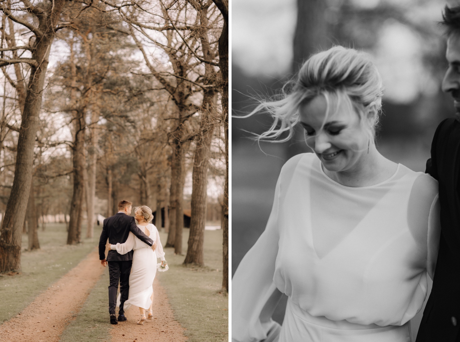 Huwelijksfotograaf Limburg - bruidspaar wandelt tijdens fotoshoot in Averbode