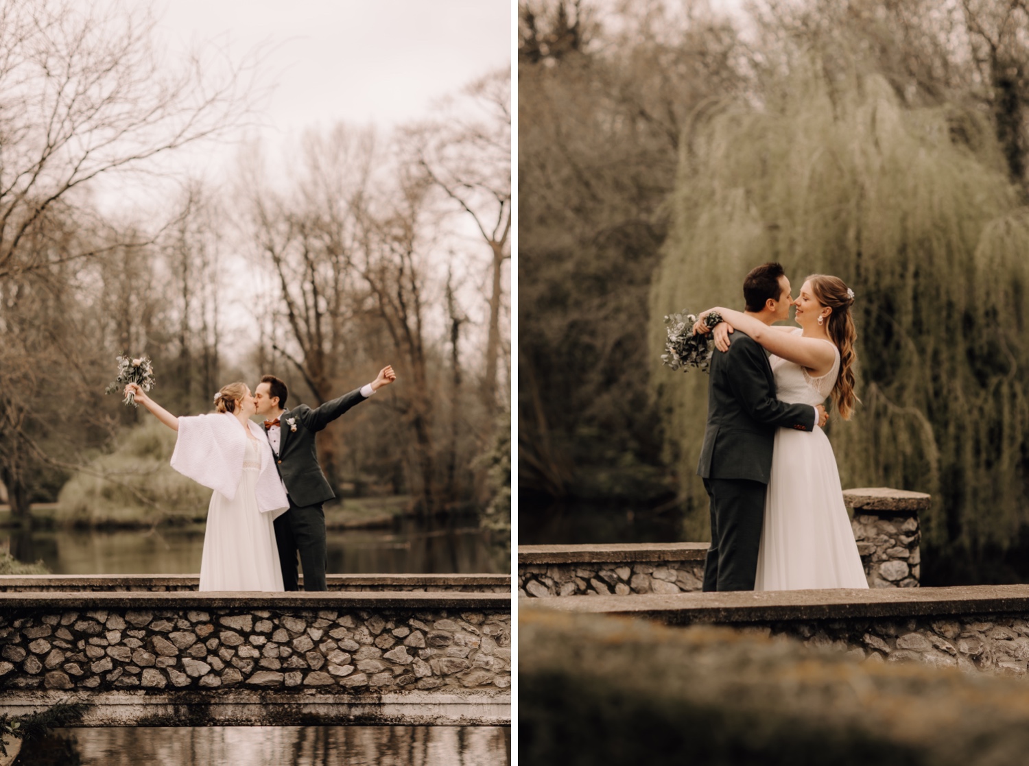 Huwelijksfotograaf Limburg - bruidspaar poseert op brug van domein 't Meersdael in Moerbeke