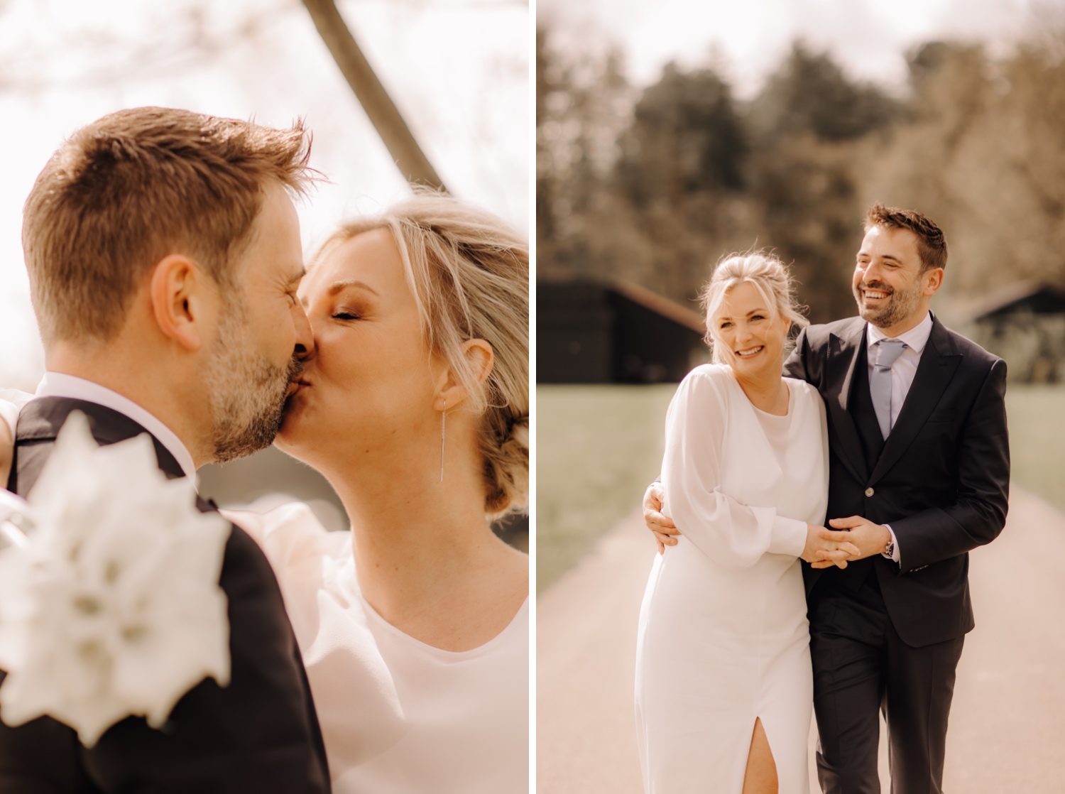 Huwelijksfotograaf Limburg - bruidspaar lacht tijdens fotoshoot in Averbode