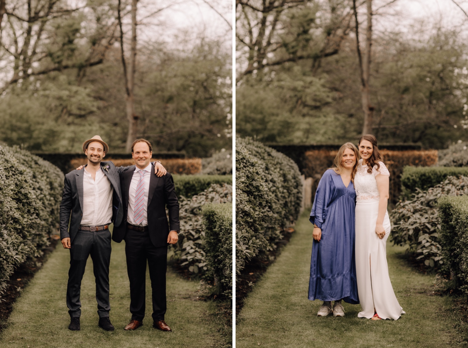 Huwelijksfotograaf Limburg - bruid en bruidegom poseren met hun getuigen in de tuin