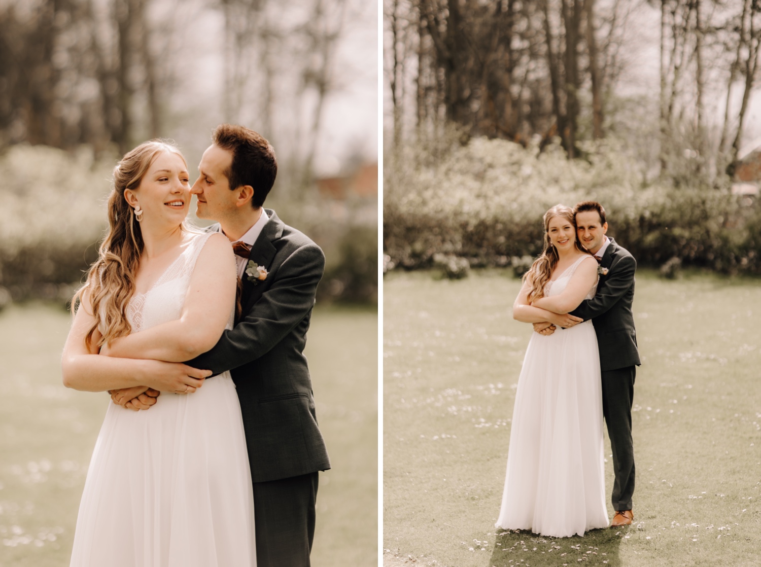 Huwelijksfotograaf Limburg - bruidspaar knuffelt elkaar innig