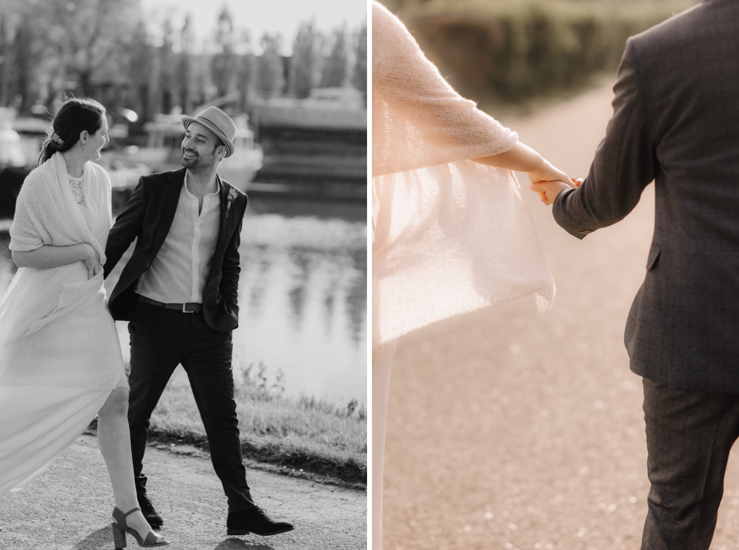 Huwelijksfotograaf Limburg - bruidspaar wandelt langs kaaien in Antwerpen tijdens fotoshoot