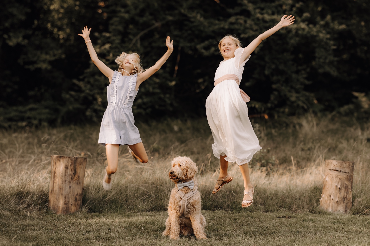 bruidsmeisjes springen samen met de hond in de tuin van cachecour