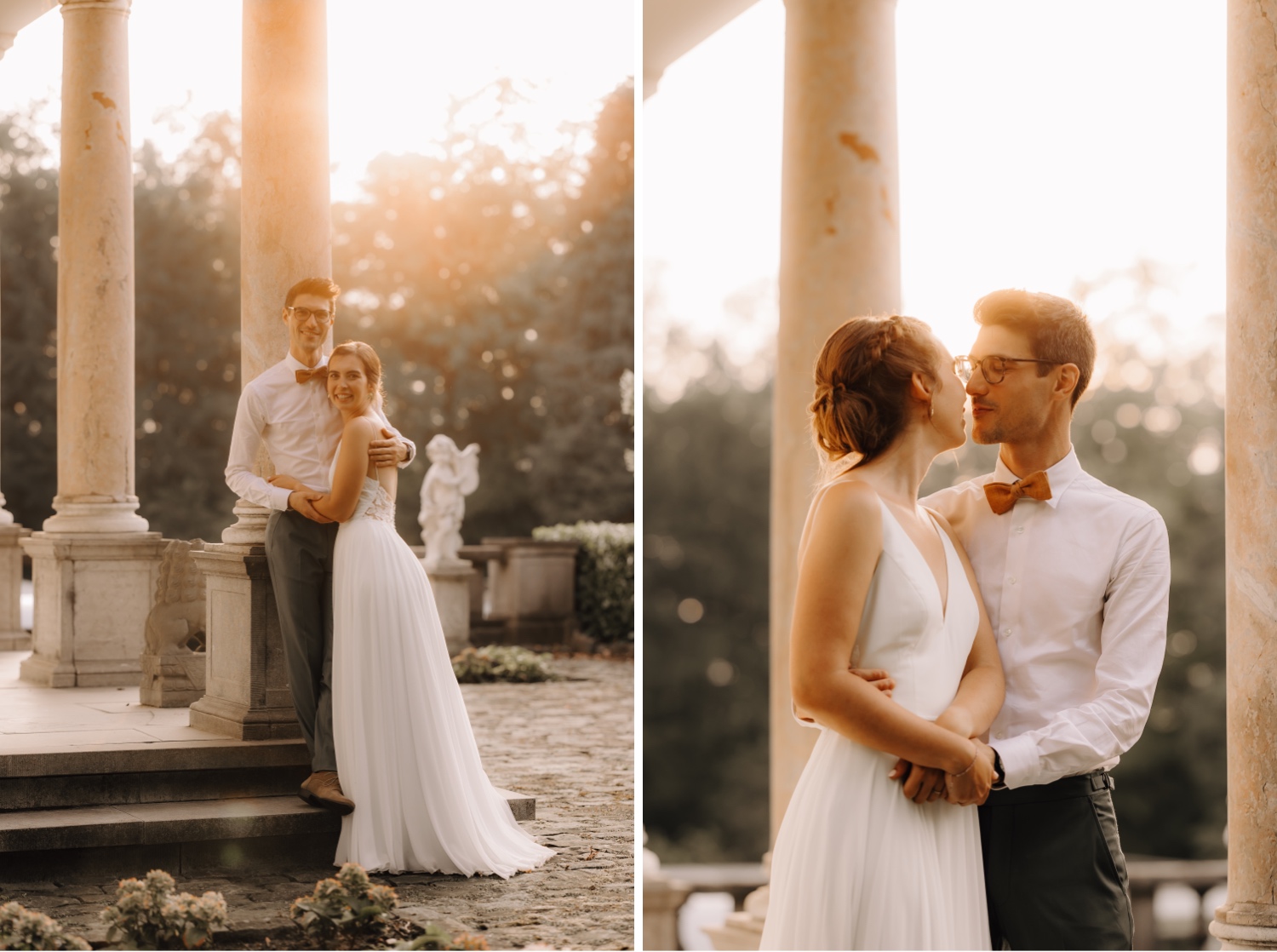 bruidspaar kust elkaar in de tuin van kasteel Battenbroek tijdens zonsondergang