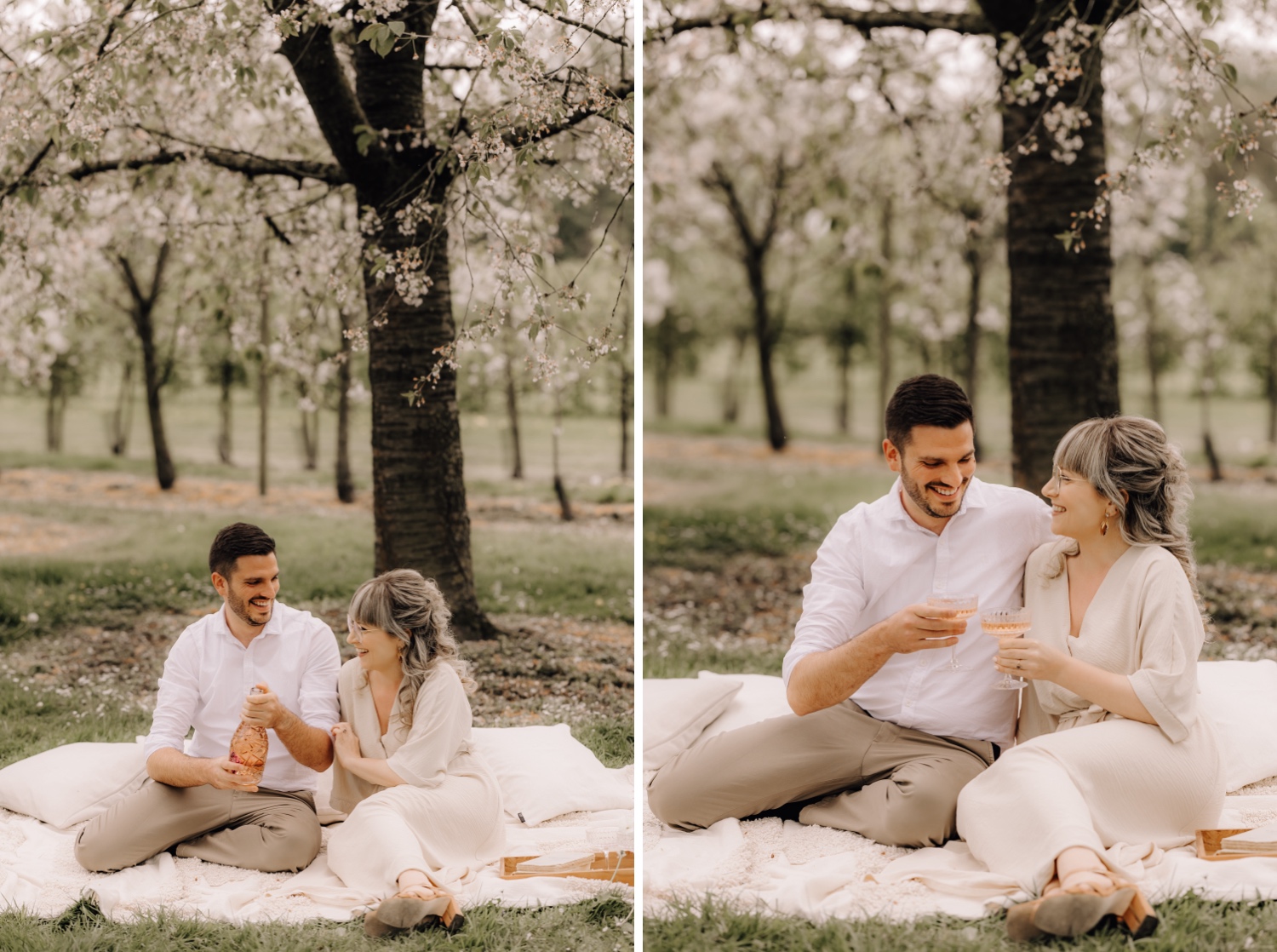 Huwelijksfotograaf Limburg - koppeltje klinkt op hun verloving tussen de bloesems