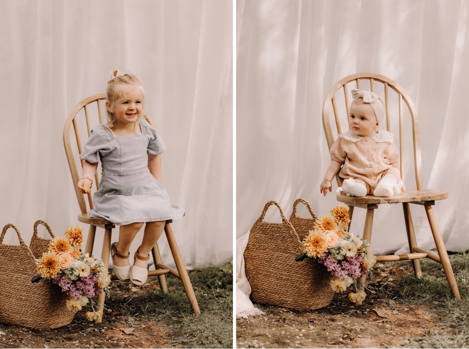 Gezinsfotograaf Limburg - dochters poseren op een stoel tussen de bloemen