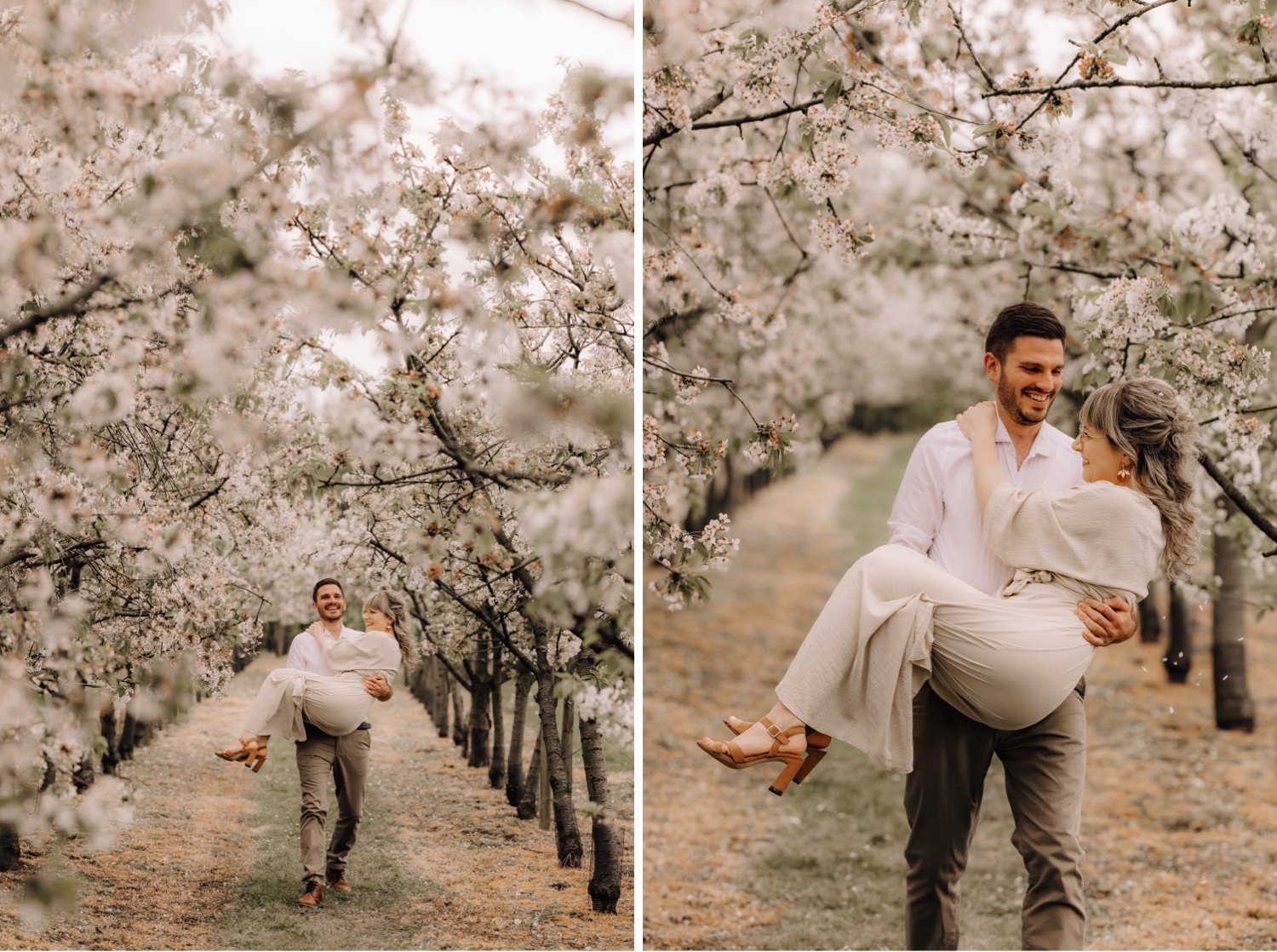 Huwelijksfotograaf Limburg - man draagt zijn verloofde tussen de bloesems