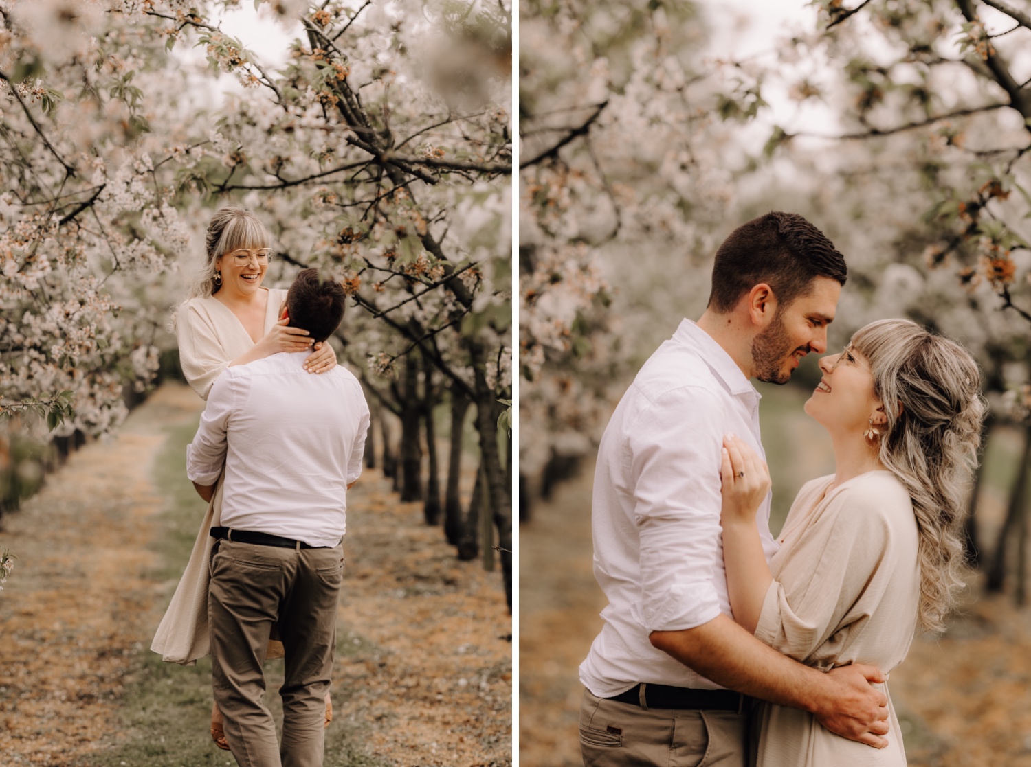 Huwelijksfotograaf Limburg - koppel kijkt elkaar in de ogen tussen de bloesems