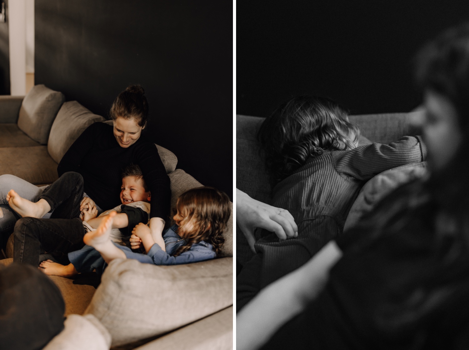 Gezinsfotograaf Limburg - mama kietelt haar kinderen in de zetel