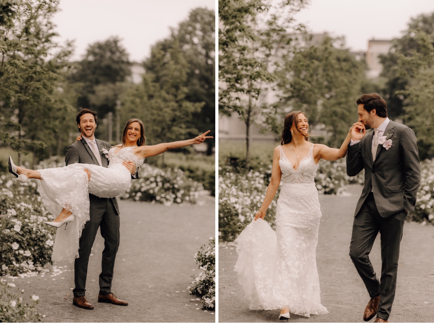 Huwelijksfotograaf Antwerpen - bruidspaar wandelt tussen de witte bloemen aan het KMSKA