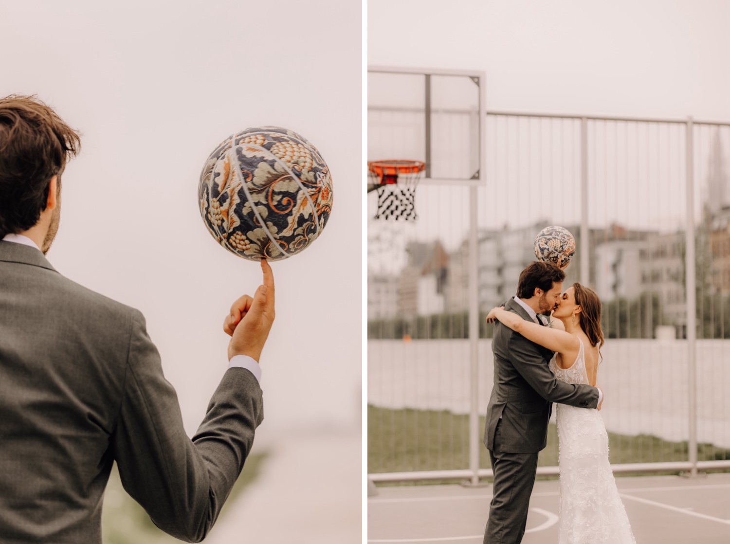 Huwelijksfotograaf Antwerpen - details van gepersonaliseerde basketbal tijdens fotoshoot bruidspaar