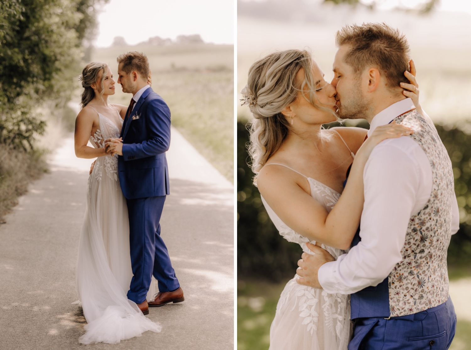 Zomers huwelijk op unieke landelijke locatie in Horebeke - bruidspaar kust elkaar tijdens fotoshoot in Horebeke