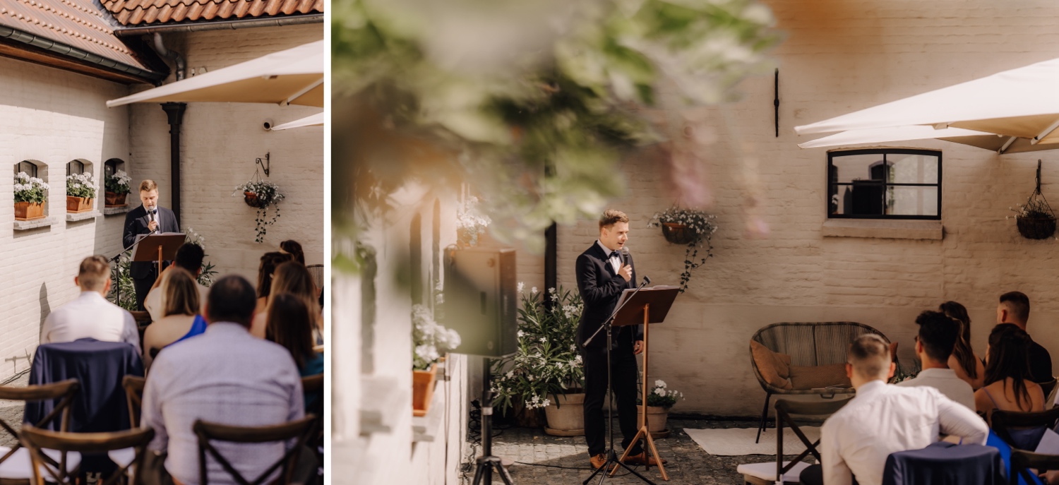 Zomers huwelijk op unieke landelijke locatie in Horebeke - ceremoniespreker kondigt bruidspaar aan