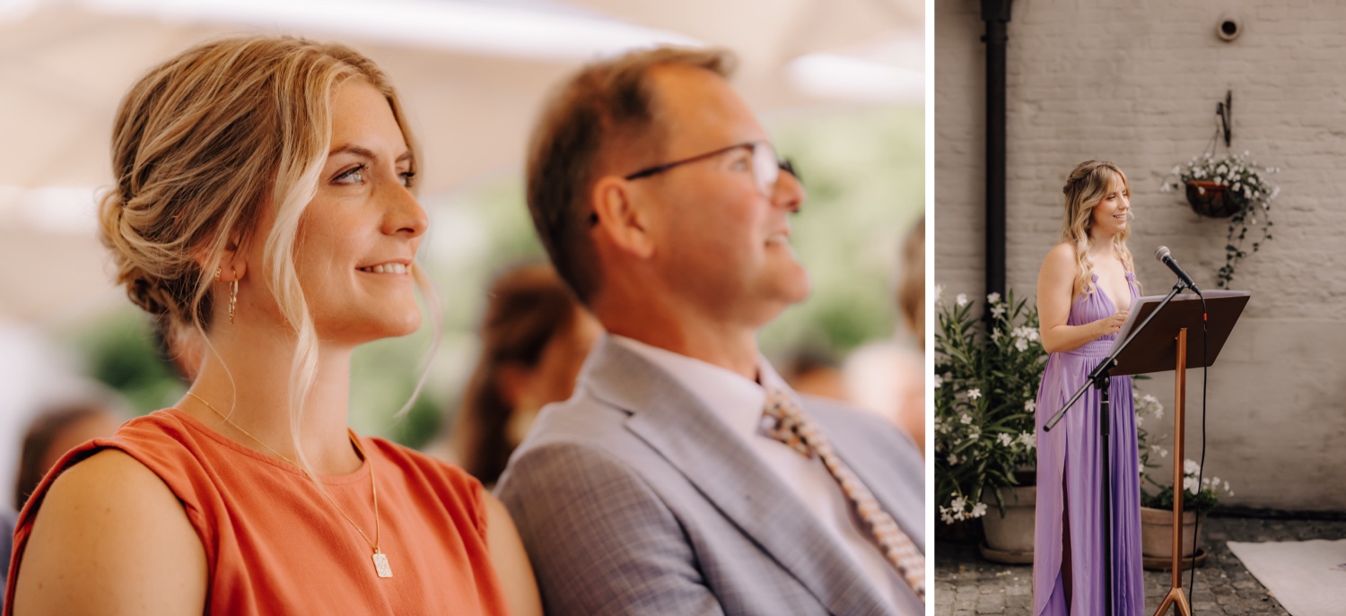 Zomers huwelijk op unieke landelijke locatie in Horebeke - tweelingzus van de bruid geeft speech tijdens ceremonie