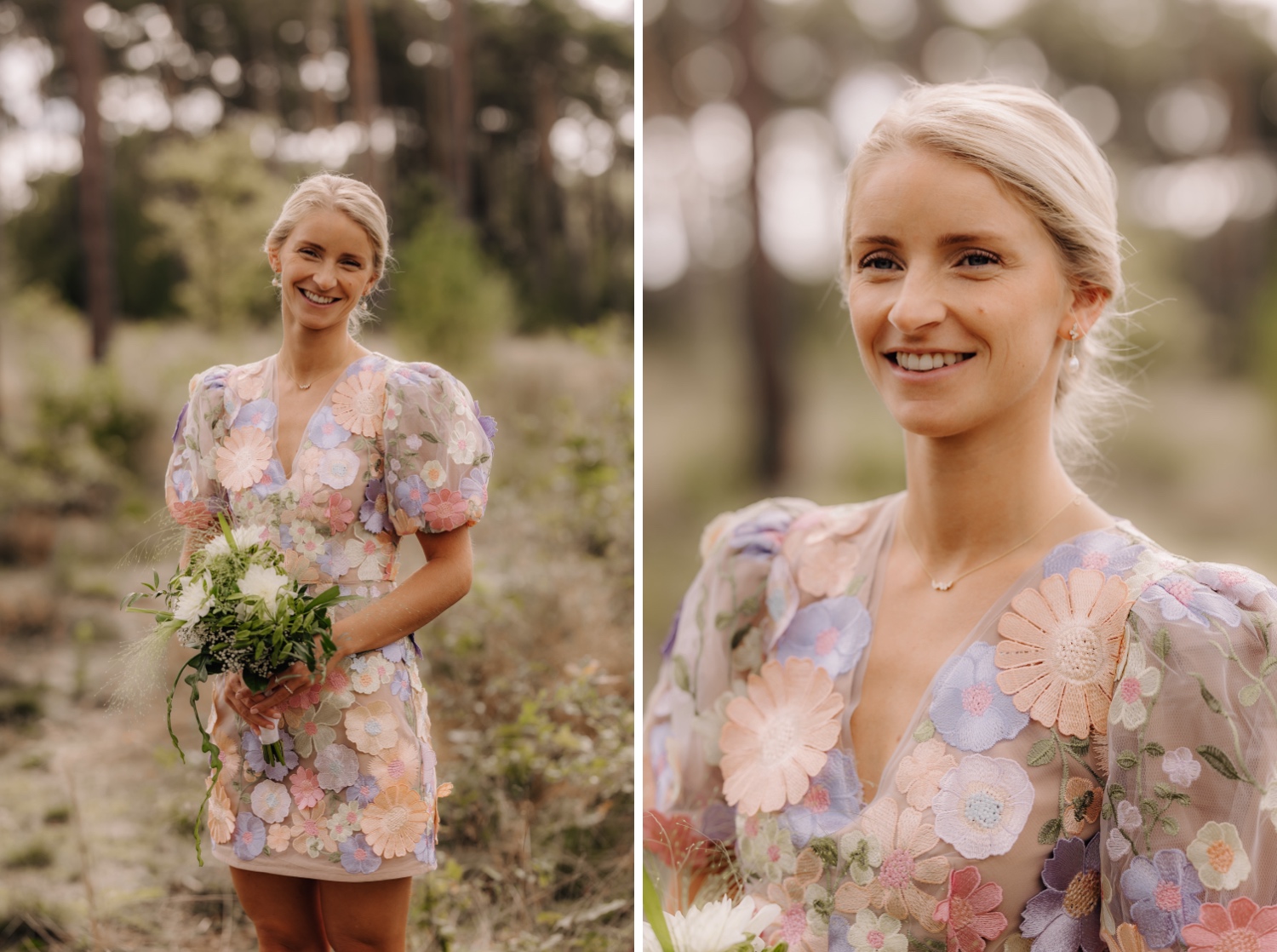 Huwelijksreceptie in het Sint-Michielskasteel - portret van de bruid in haar kleurige bloemenjurk