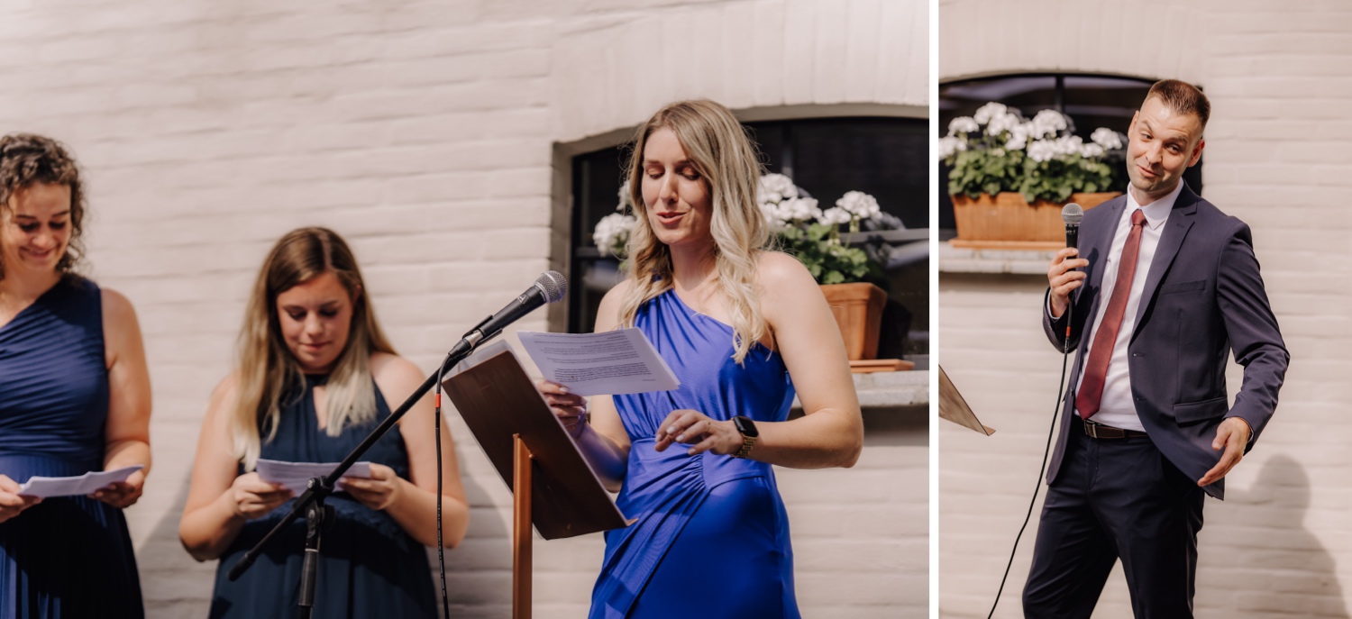 Zomers huwelijk op unieke landelijke locatie in Horebeke - vrienden van de bruid en bruidegom geven speech tijdens ceremonie