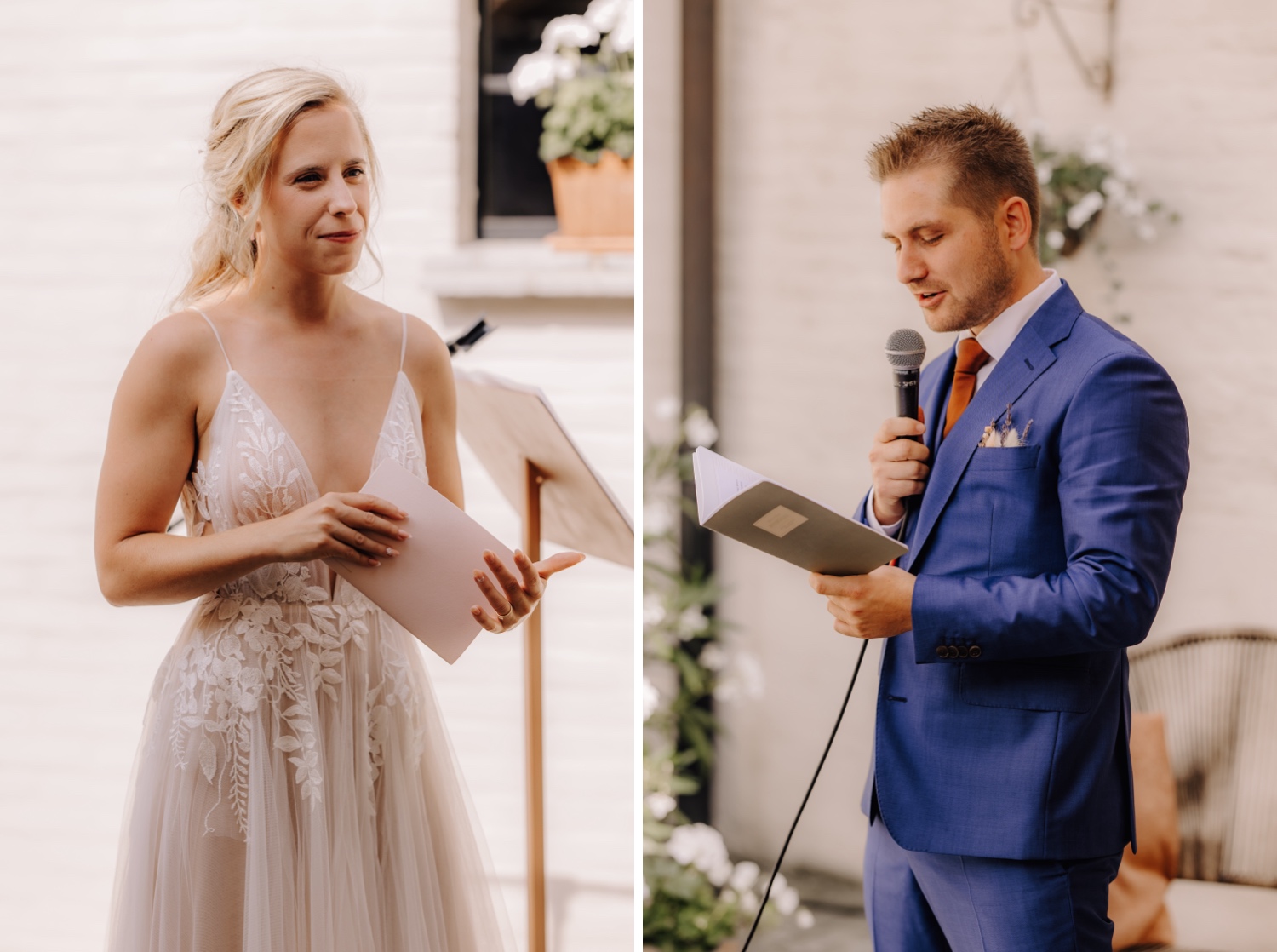 Zomers huwelijk op unieke landelijke locatie in Horebeke - bruidegom leest zijn geloften voor tijdens ceremonie